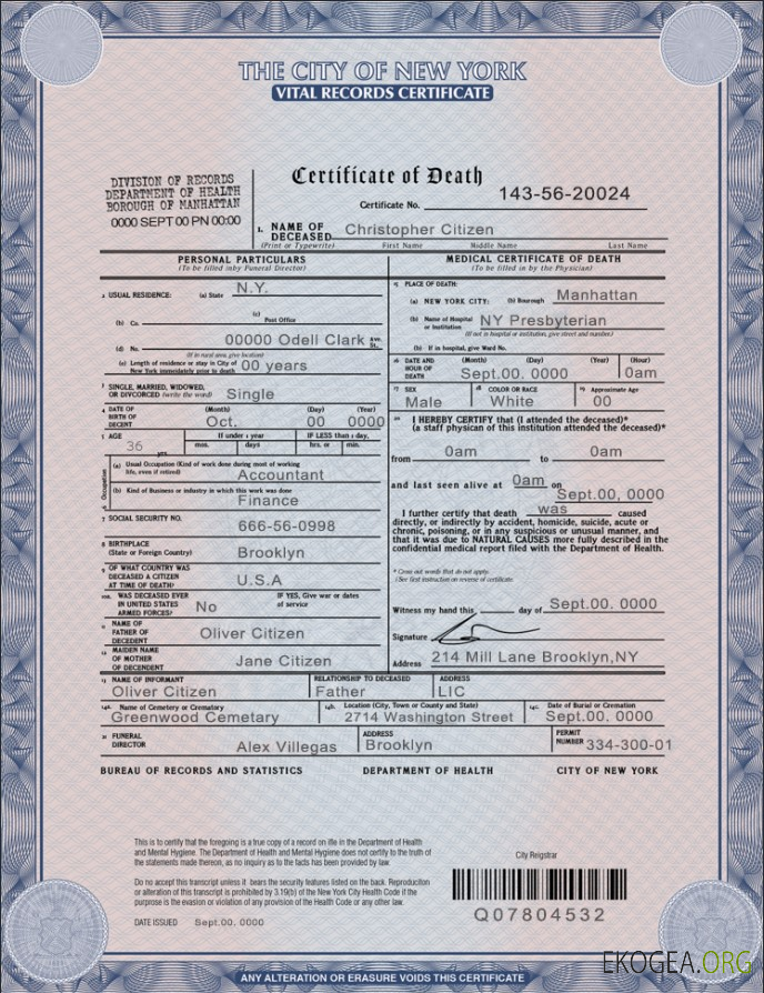 Modèle de certificat de décès de l'État de New York aux États Unis au format PSD